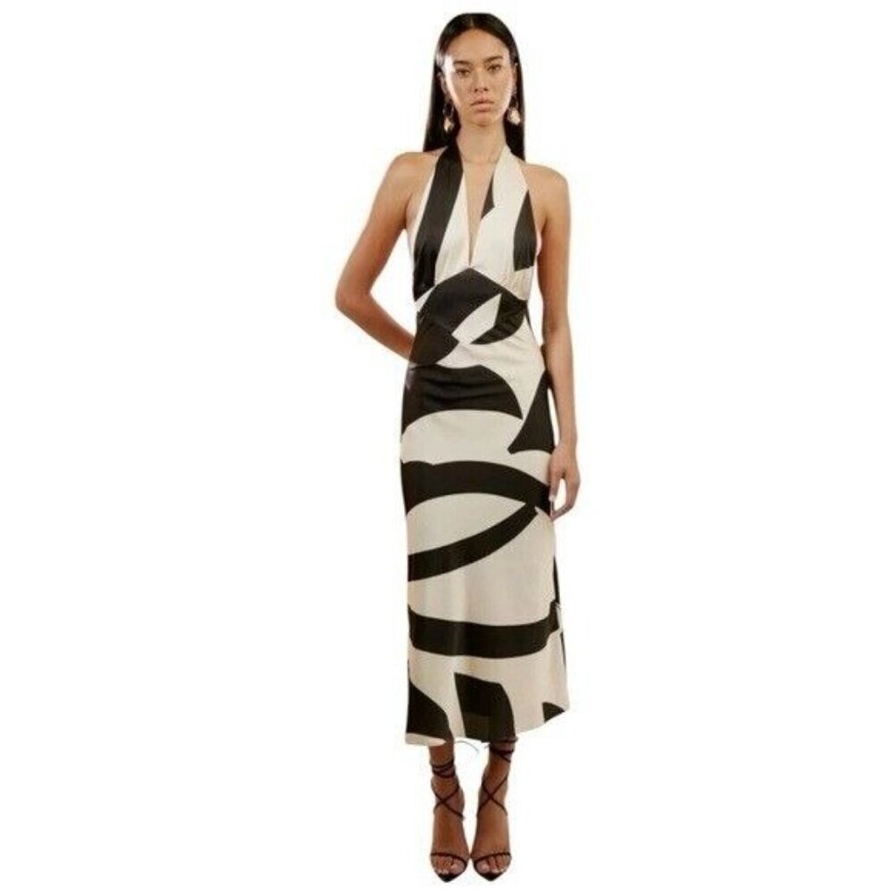 ANTHROPOLOGIE Bardot Citron Halter Midi Dress Black Ivory NEW - Picture 3 of 9